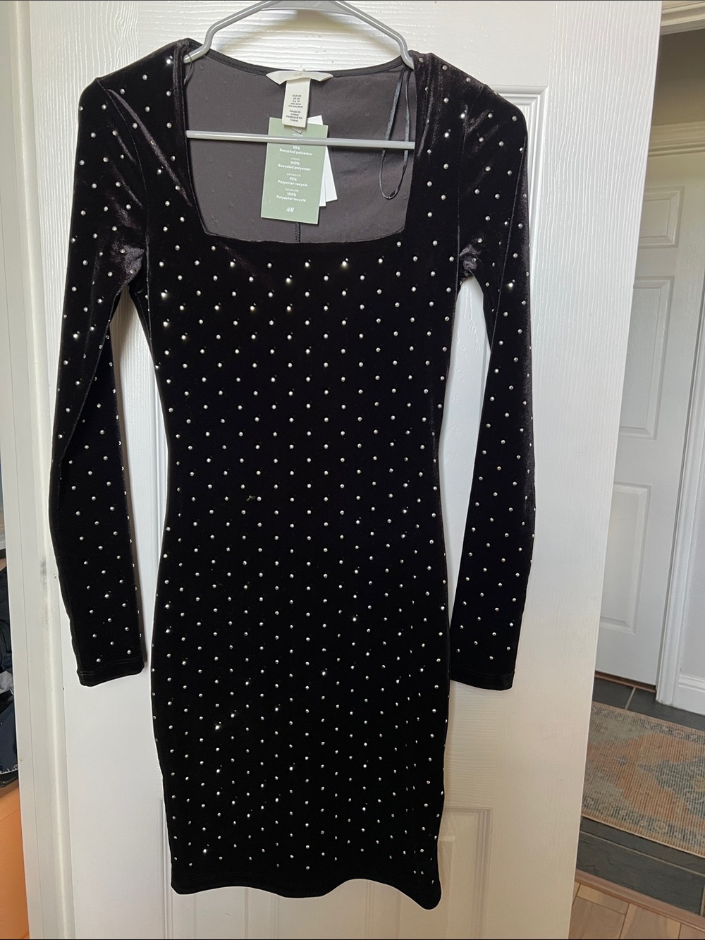 H&M Black Velvet Long-Sleeve Studded Square-Neck Dress